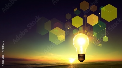 Lightbulb as a symbol of invention with geometric art shapes floating in dark abstract space