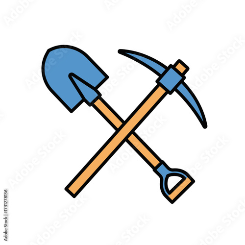 Crossed Shovel and Pickaxe Illustration with Blue and Orange Accents