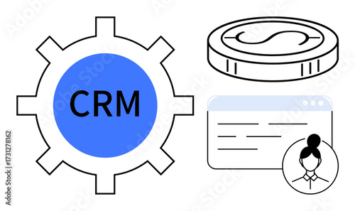 CRM gear icon with currency coin, web page interface, and customer avatar. Ideal for business strategy, data management, finance, user analytics, sales, customer engagement simple flat metaphor