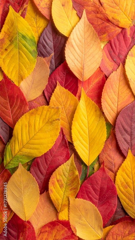 Obraz premium Golden foliage flat lay with layered autumn leaves