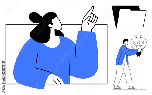 Woman gesturing upwards, man holding lightbulb, folder beside them. Ideal for creativity, innovation, teamwork, problem-solving, business strategy, project management simple flat metaphor