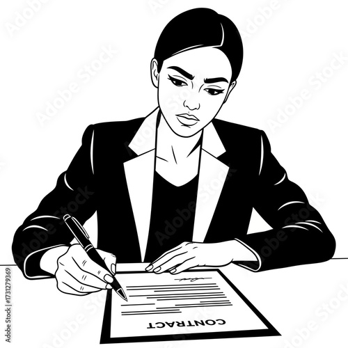 Businesswoman Signing a Contract in Black and White Style