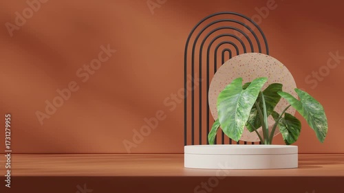 white cylinder podium seamless loop shadow animation with alocasia plant and blue arch, 3d footage render blank mockup