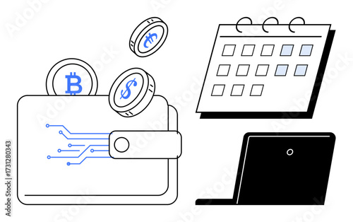 Digital wallet with bitcoin and dollar coins, calendar for scheduling, laptop for online finance tasks. Ideal for cryptocurrency, budgeting, financial planning, fintech, payment, investment simple