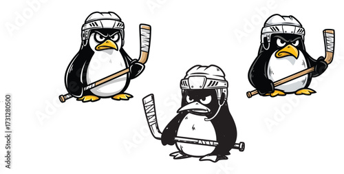 Angry Penguin Hockey Players – Cute Cartoon Mascot Illustration in Black and White
