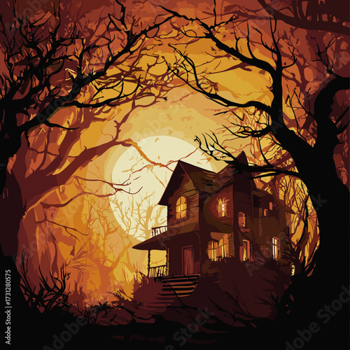 A spooky and atmospheric Halloween-themed illustration featuring a haunted house on a hill surrounded by gnarled trees. The sky is filled with dark clouds, an eerie full moon, and numerous flying bats