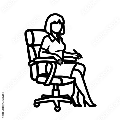 Woman in Office Chair Writing, Bold Outline Style