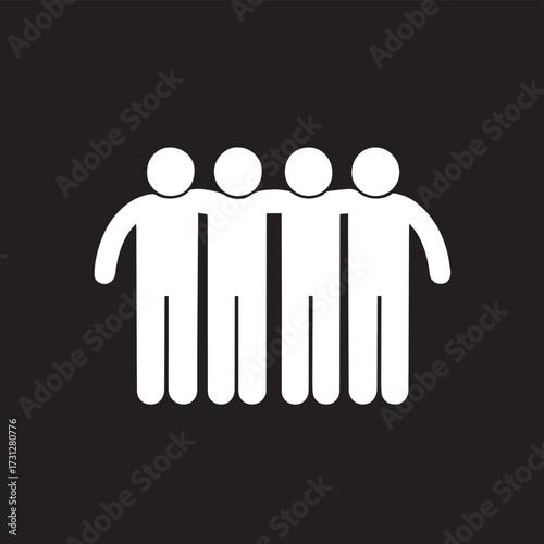 White icon on a black background. It shows four stylized human figures standing side-by-side with their arms around each other's shoulders, representing a group of friends, a team, or people working.