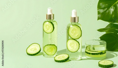 Cucumber serum bottles, slices, and glass