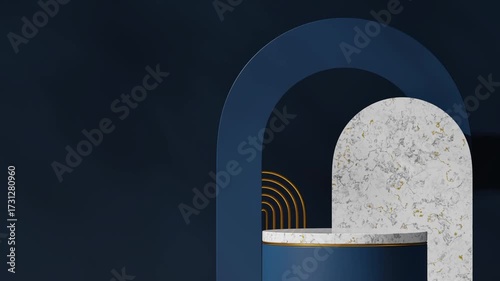 seamless shadow animation looping with blue and gold arch, rendering 3d footage scene mockup of white marble and gold podium