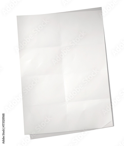 Blank white paper sheet with folds on white background for mockup or office document template