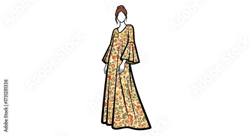 Woman in Floral Maxi Dress with Bell Sleeves
