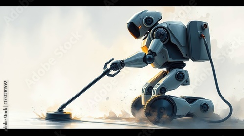 Robot cleaning futuristic surface.