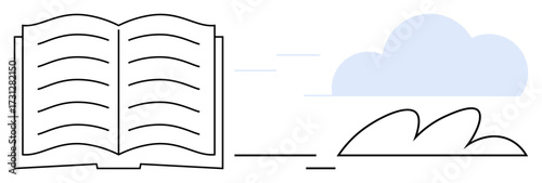 Open book with floating lines representing pages, soft cloud design, simple outlines. Ideal for education, learning, creativity, storytelling, publishing mindfulness imagination. A simple flat