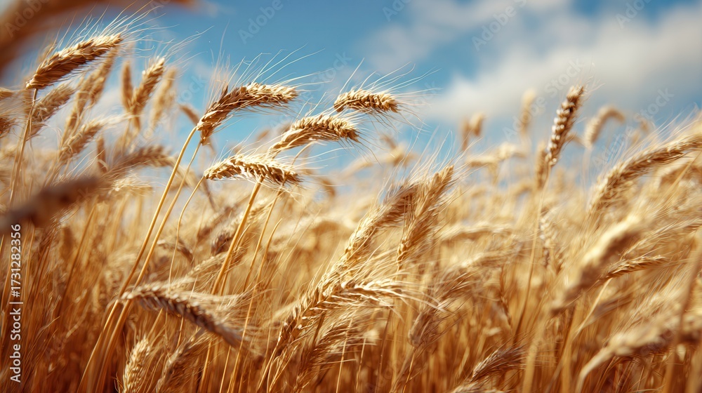 Fototapeta premium A golden field of wheat sways gently under a blue sky, showcasing the beauty of agriculture and nature.