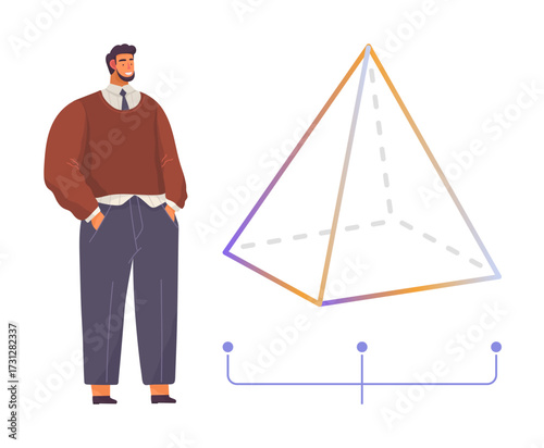 Man in formal attire observes a gradient-colored pyramid diagram with labeled points. Ideal for education, geometry, design, analysis, learning, business training, simple flat metaphor