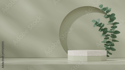 empty scene terrazzo texture podium of with seamless loop shadow animation sage wall and eucalyptus leaf, 3d video rendering
