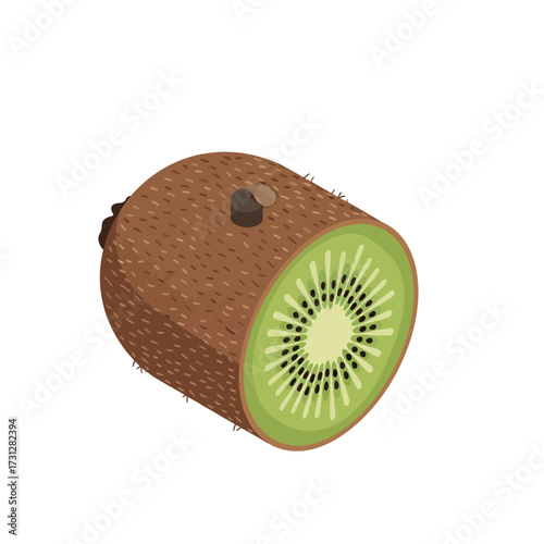 Isometric Illustration of a Sliced Kiwi Fruit with Brown Skin and Green Flesh