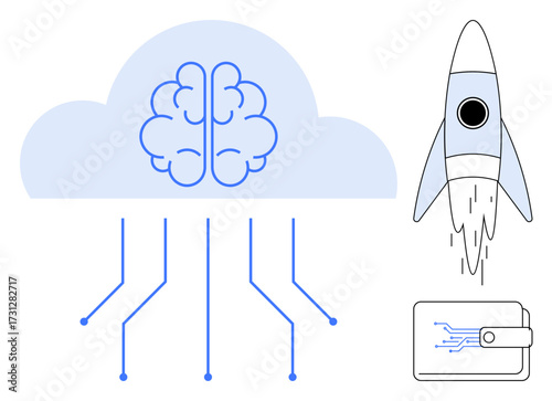 Brain-cloud connector symbolizing AI and computing, a rocket illustrating innovation, and a digital wallet for technology and finance. Ideal for tech innovation, AI, cloud computing, fintech