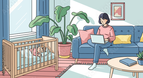 Mother Working on Laptop While Baby Sleeps in Crib at Home in Cozy Living Room Environment