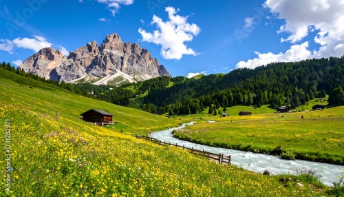 Lush alpine meadow with a river flowing through it, nestled against towering mountains