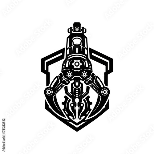 Black and White Robotic Claw Machine with Gears and Hexagon