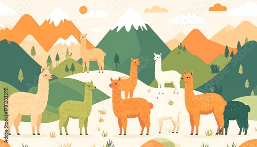 Cute llamas in a mountain landscape