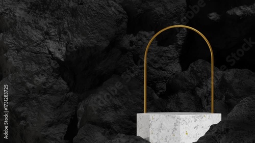 white marble podium seamless shadow animation looping with gold arch and black rock, 3d footage render blank space