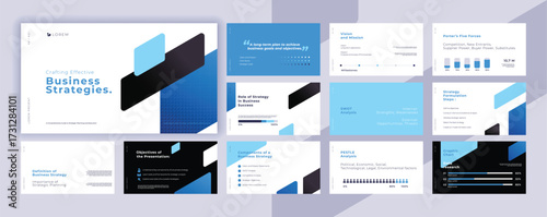 Abstract blue powerpoint presentation templates set, blue color identity presentation background, banner template, brochure, landing page, company profile, business design package set.
