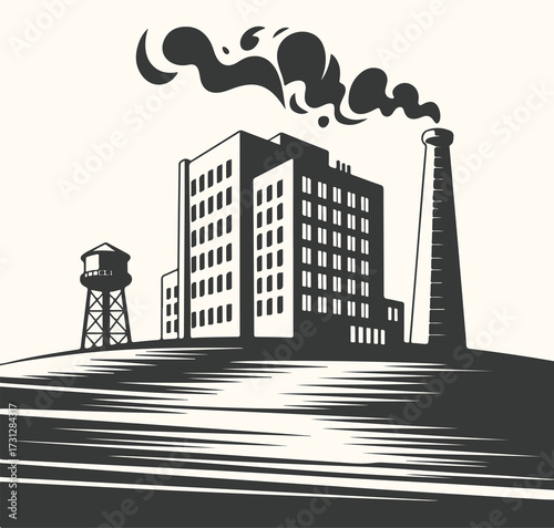Art of vintage industrial factory building with smoking chimney and water tower, representing manufacturing and production in a retro style, isolated on a light background