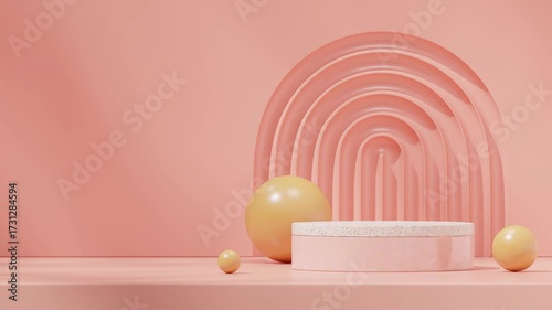 yellow ball and arch in 3d render footage of scene template terrazzo and pink podium looping seamless shadow animation