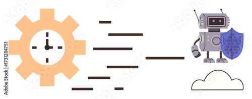 Gear with clock, motion lines, robot holding shield, cloud. Ideal for technology, cybersecurity, automation, efficiency innovation data protection AI. Simple flat metaphor