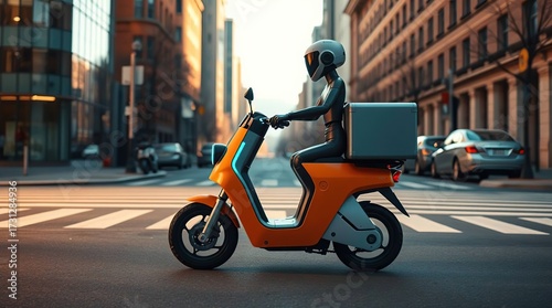 Robot courier on escooter with city street.