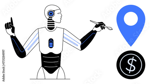 Robot using stylus for precision tasks, featuring location pin and dollar coin. Ideal for technology, AI, robotics, innovation, finance, navigation and modern solutions. Simple flat metaphor
