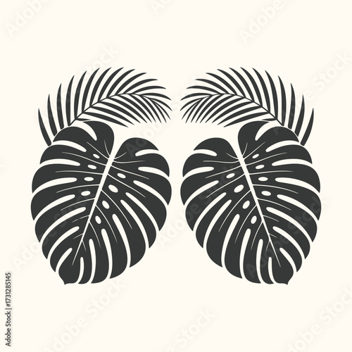 Art of monstera leaf and palm leaf pattern, a symmetrical arrangement of two large monstera leaves and two smaller palm leaves in a striking black and white graphic design