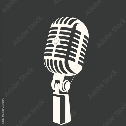 Art of retro microphone, a classic vintage audio recording device with a distinctive grille and stand, symbolizing music, broadcasting, and performance, presented in a clean, stylized graphic