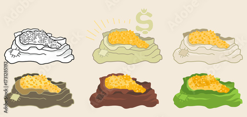 Photography A money big bag, gold coins, sack full. Icon set. Illustration
