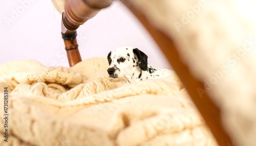 Dalmatian puppy nestled in a beige blanket, chair in background