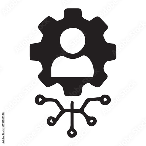 Minimalist black gear icon showing connection lines for software configuration, engineering, and automation system concept