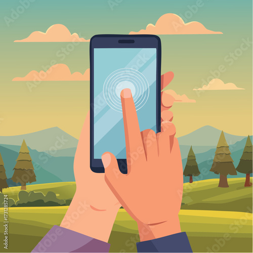 Relaxing outdoors, using smartphone to connect with nature, plan adventures and share experiences, captured in a serene landscape, modern lifestyle