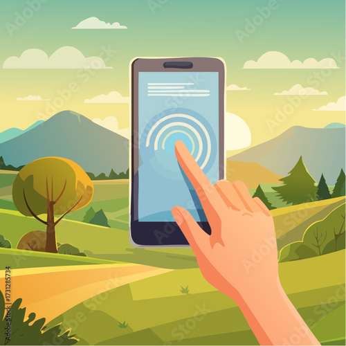 Explore the outdoors with interactive maps and mobile connectivity, a modern hand touching a phone screen against a vibrant natural landscape scenery