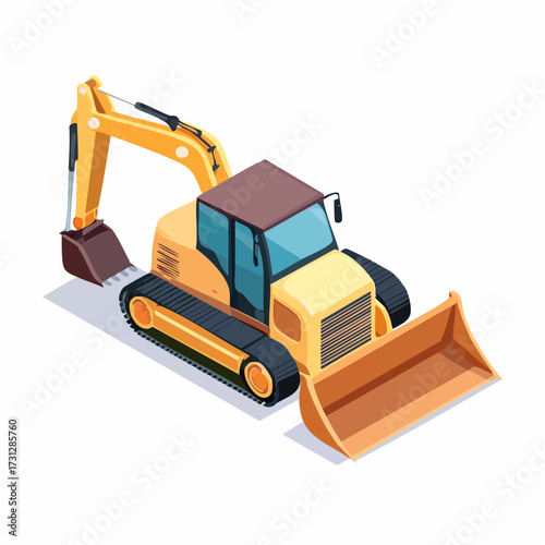 Detailed isometric excavator illustration for construction projects, engineering designs, or machinery catalogs, perfect for educational materials and presentations