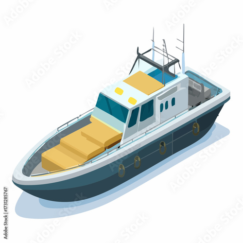 Modern isometric motor yacht illustration for nautical adventures, luxury travel, and leisure concepts with a clean, stylish aesthetic perfect for digital designs