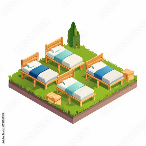 Charming isometric campground with cozy beds, lush green grass, and scenic getaway appeal, perfect for travel, relaxation, and outdoor adventure promotions