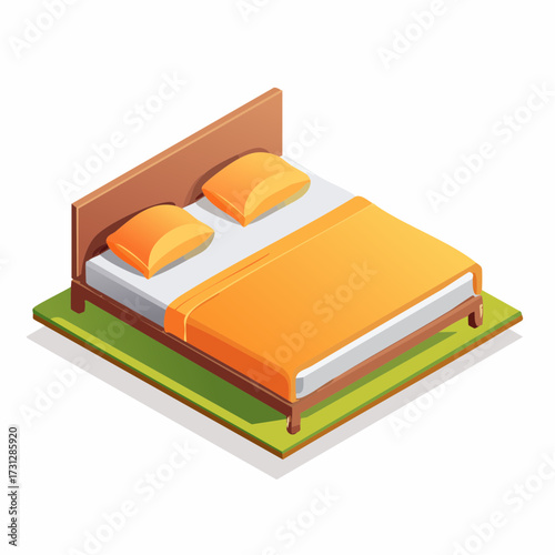 Isometric bedroom interior illustration showcasing a comfortable bed with soft orange bedding, perfect for showcasing modern minimalist lodging designs