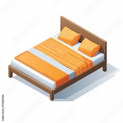 Inviting isometric bed with soft orange accents for restful sleep and stylish bedroom decor, promising comfort and relaxation in a modern home setting