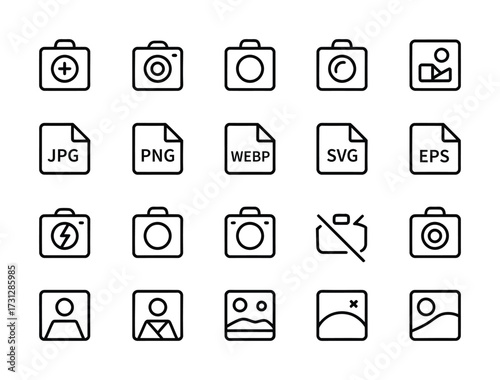 Photo & Image File Type Line Icons - Camera, JPG, PNG, SVG, WEBP, RAW, Portrait, Landscape, Flash for Photography, Web Design, Social Media & App UI


