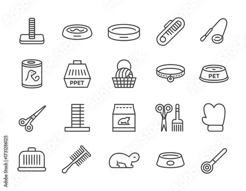 Pet Grooming & Daily Care Line Icons - Brush, Scissors, Food Can, Toy, Litter Box, Bed, Leash, Bowl for Pet Shops, Apps & Veterinary Branding

