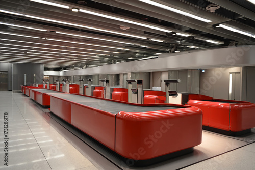 Empty airport check-in counters with red conveyor belts