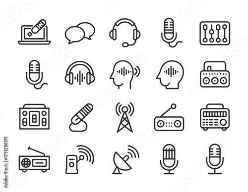 Audio Equipment & Voice Communication Line Icons - Microphone, Headphones, Radio, Speaker, Satellite, Walkie-Talkie for Podcasting, Streaming, Broadcasting & App UI

